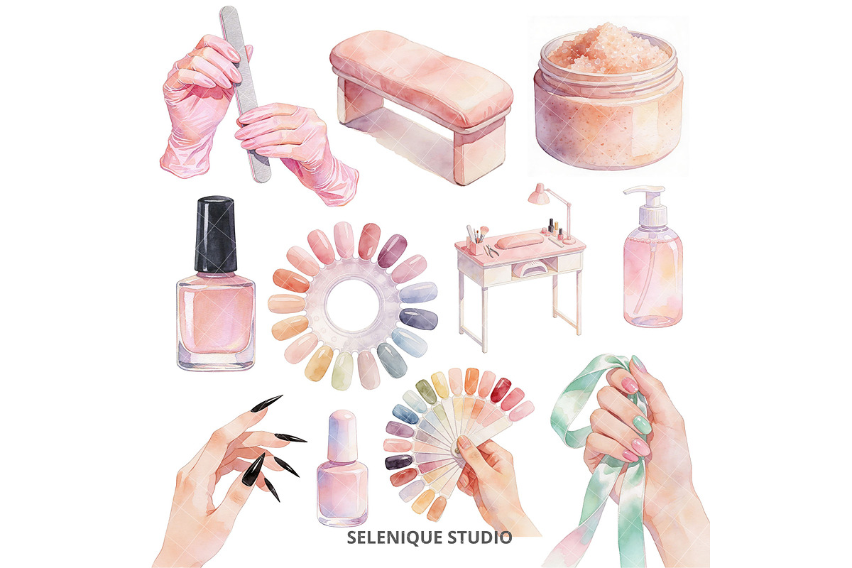 Watercolor Nail Salon Clipart, an Object Illustration by Selenique Studio (Photo 5 of 9)