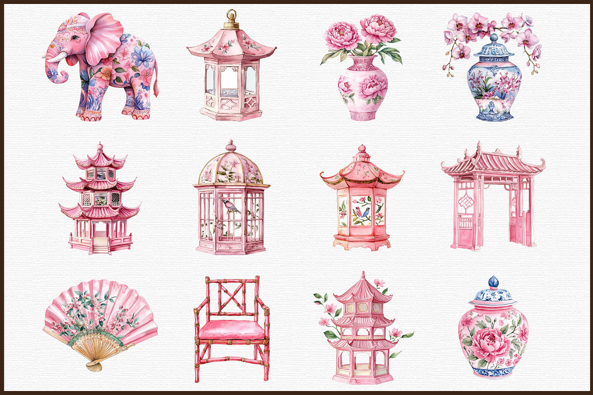 Watercolor Pink Preppy Chinoiserie S, an Illustration by Sublimation Artist (Photo 3 of 6)