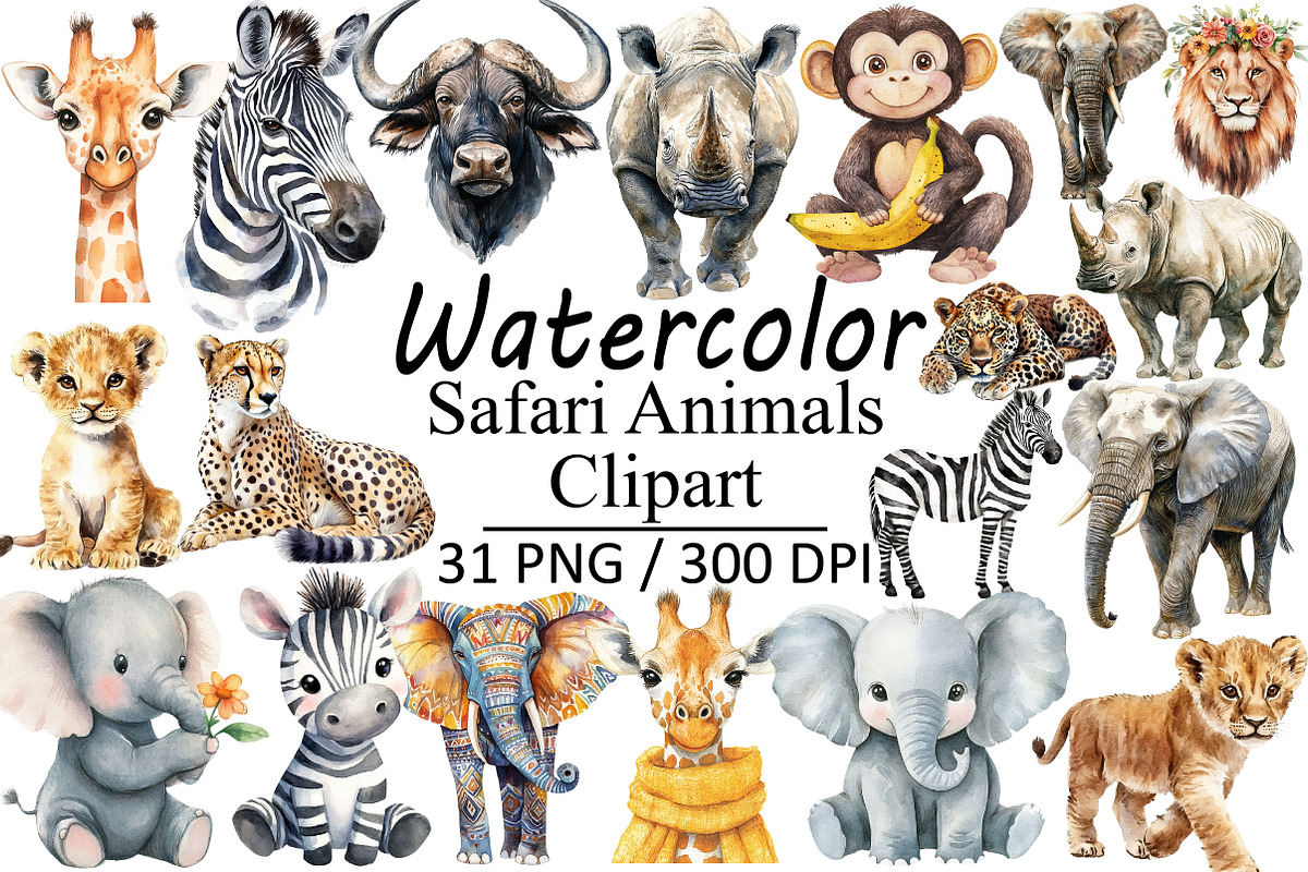 Watercolor Safari Animals, an Illustration by Design Market (Photo 1 of 3)