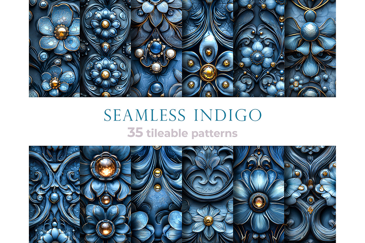 Whimsical indigo seamless patterns, a Pattern Graphic by Bubert Art (Photo 1 of 5)