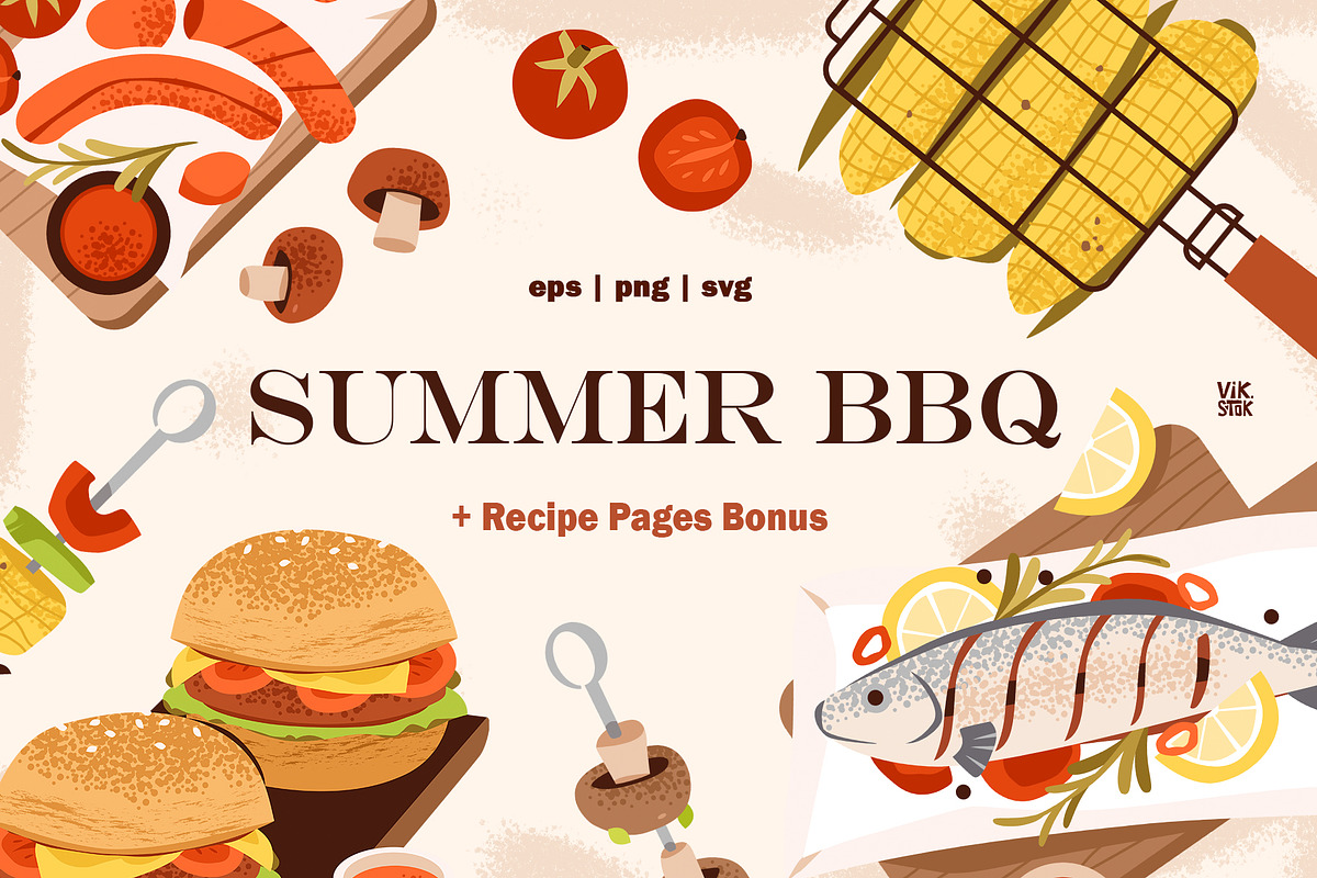 Summer BBQ Clipart + Recipe Page, a Food Illustration by vik.stock (Photo 1 of 5)