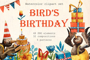 Bird's Birthday - Watercolor Clipart