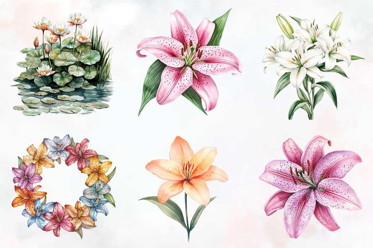 Lily Flower Watercolor Cliparts, an Illustration by RobertsArt (Photo 2 of 7)