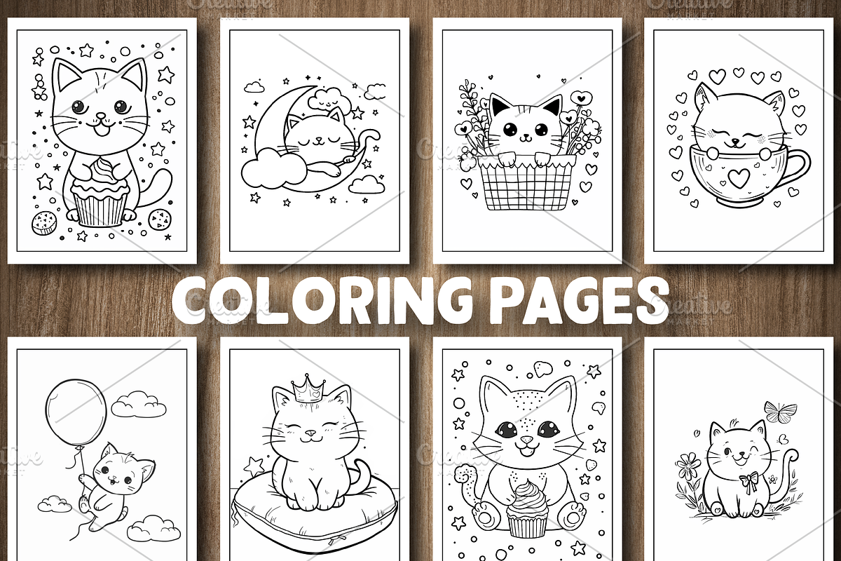 Cute Kawaii Cat Coloring Pages, a Decorative Illustration by Design Station (Photo 4 of 4)