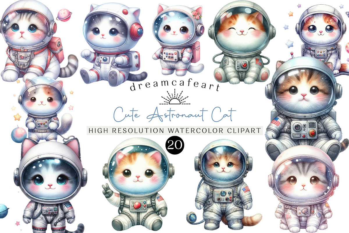 Watercolor Cute Astronaut Cat, an Illustration by DreamCafeArt (Photo 1 of 6)