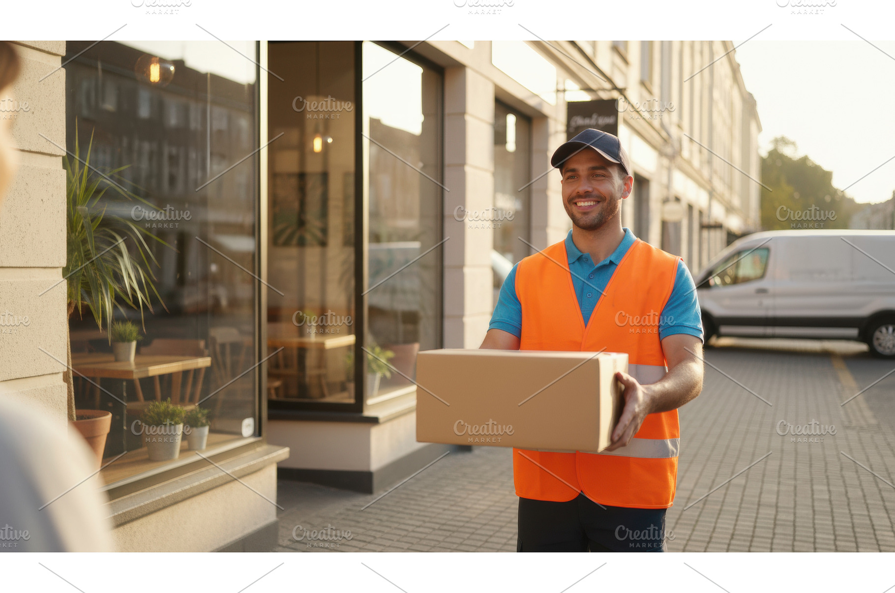 Smiling delivery man in an orange, a Person Photo by Igor Tichonow
