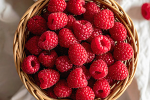 Overhead composition of ripe raspberries, a Food & Drink Photo by GoodGoods