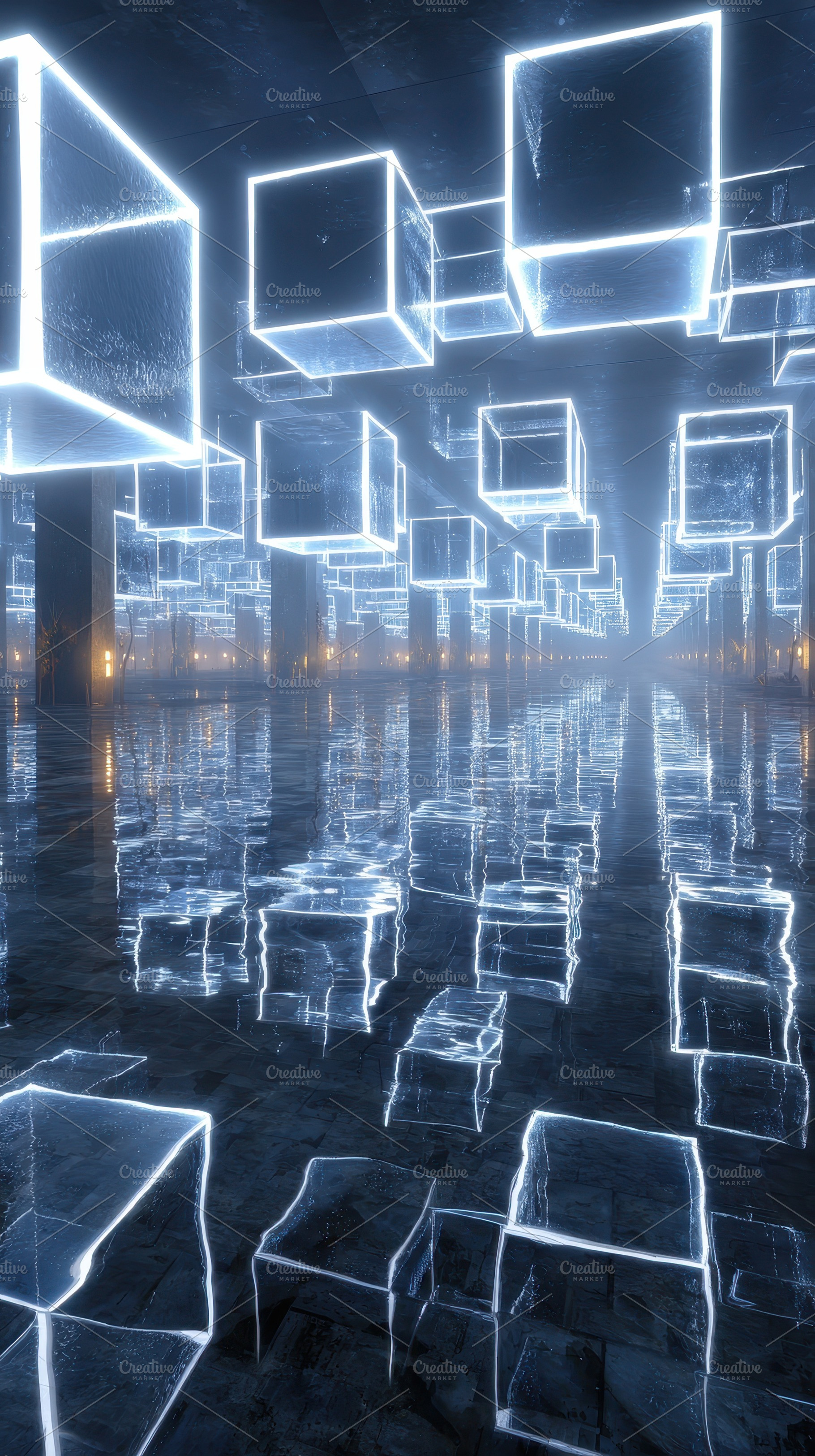 Glowing Cubes Reflecting in Dark Wat, an Abstract Photo by Pixeness Studio