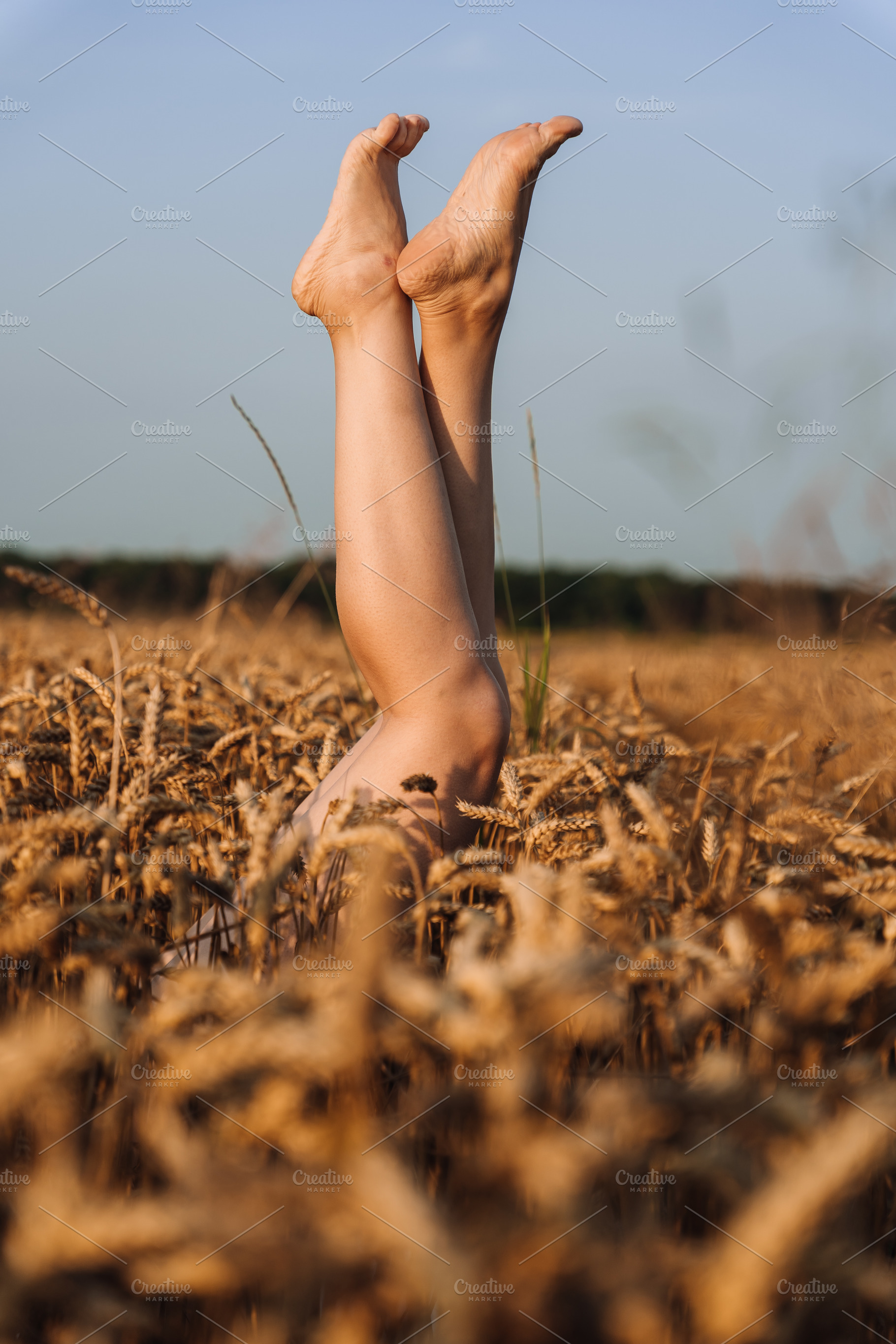Bare Feet and Legs Raised in Wheat Field Under Blue Sky, a Person Photo by Red Hot Chili Pepper Shop