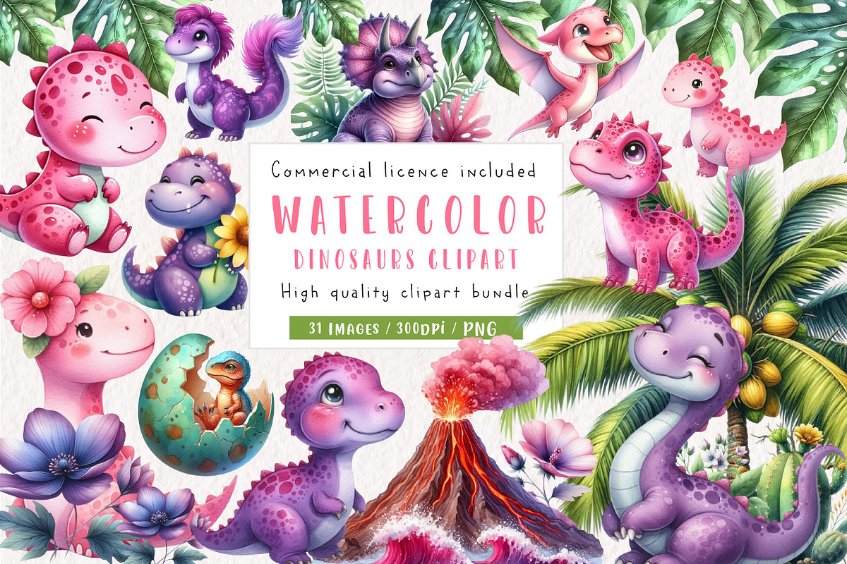 Dinosaurs watercolor clipart, an Illustration by CreationArt (Photo 1 of 5)