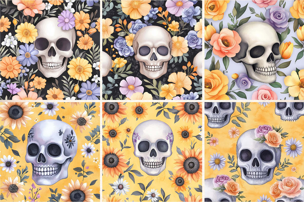 Floral Skull Digital Paper, a Pattern Graphic by Digital Artistic99 (Photo 4 of 7)