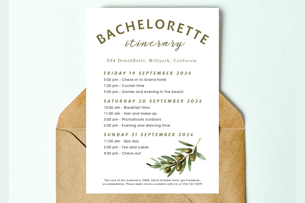 Olives Bachelorette itinerary card, a Stationery Template by EvaTemplates (Photo 2 of 9)