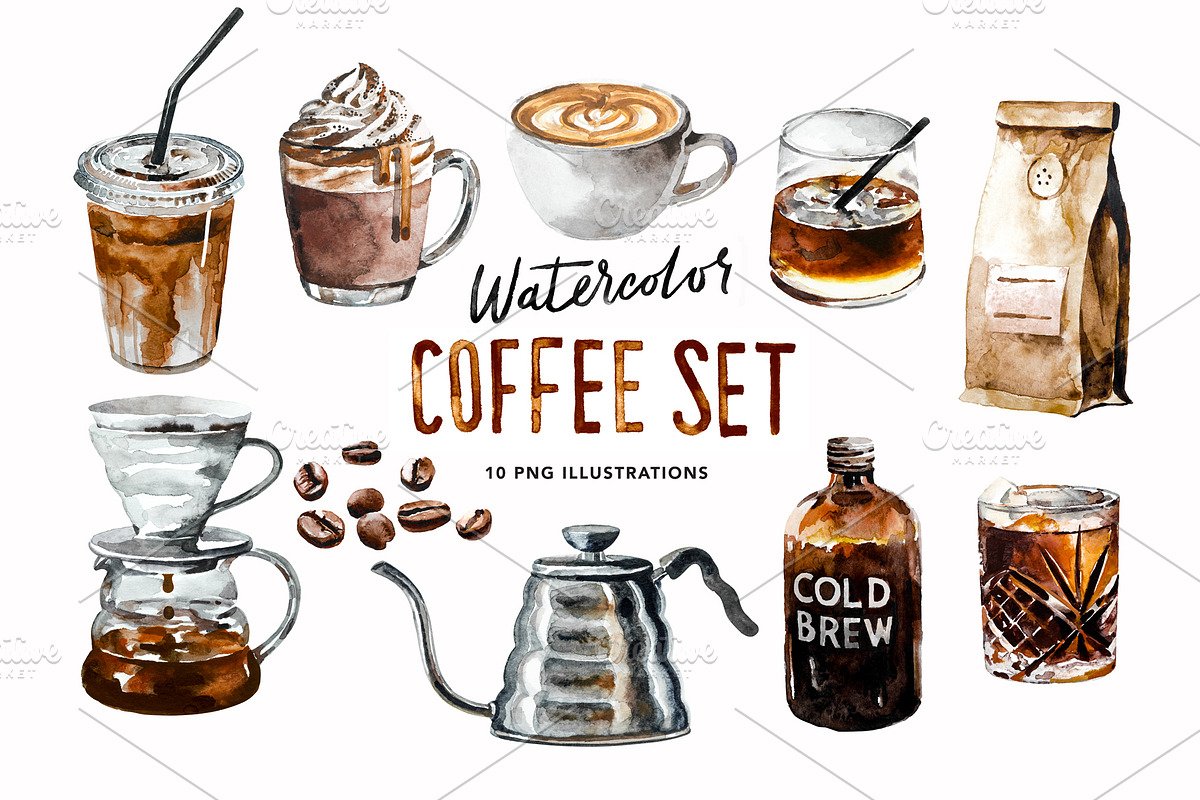 Watercolor coffee set, a Food Illustration by eezo