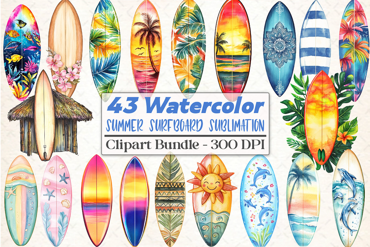 Summer Surfboard Sublimation Clipart, an Illustration by DreamCafeArt (Photo 1 of 5)