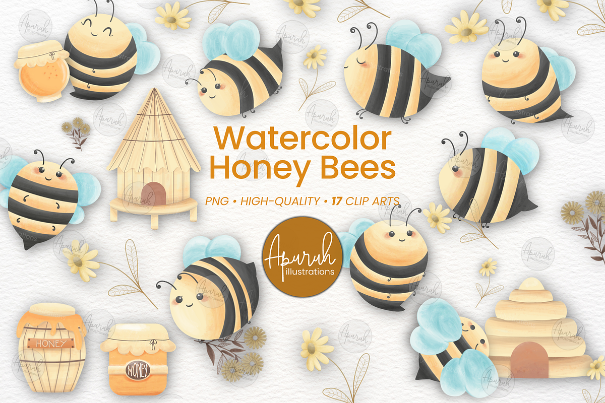 Watercolor Cute Honey Bees Clipart, an Animal Illustration by creationsbyapuruh (Photo 1 of 5)