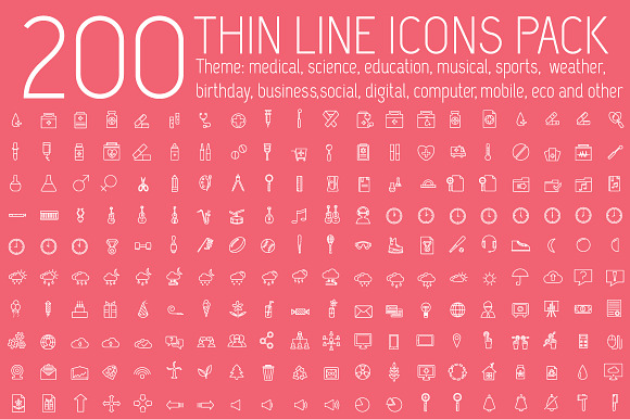 200 Thin Lines Icons Vector Set