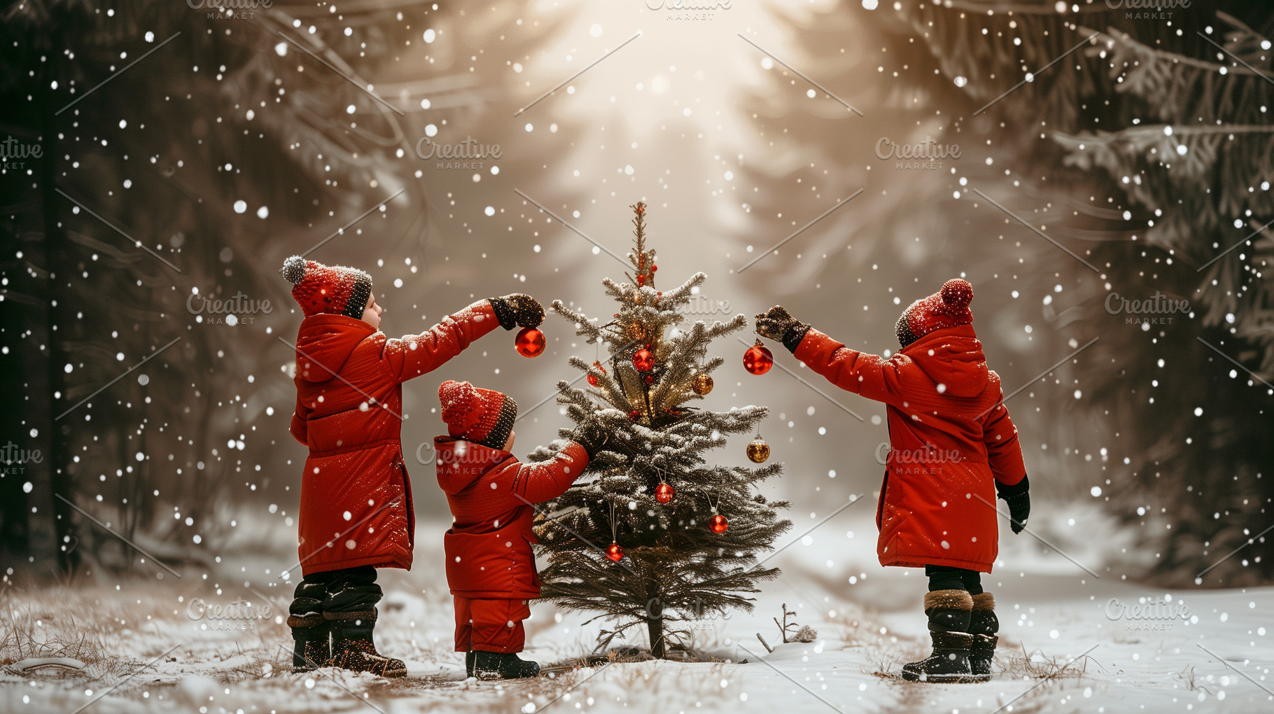 Kids Decorate Trees in the Snow, a Holiday Photo by Andy Dean Photography