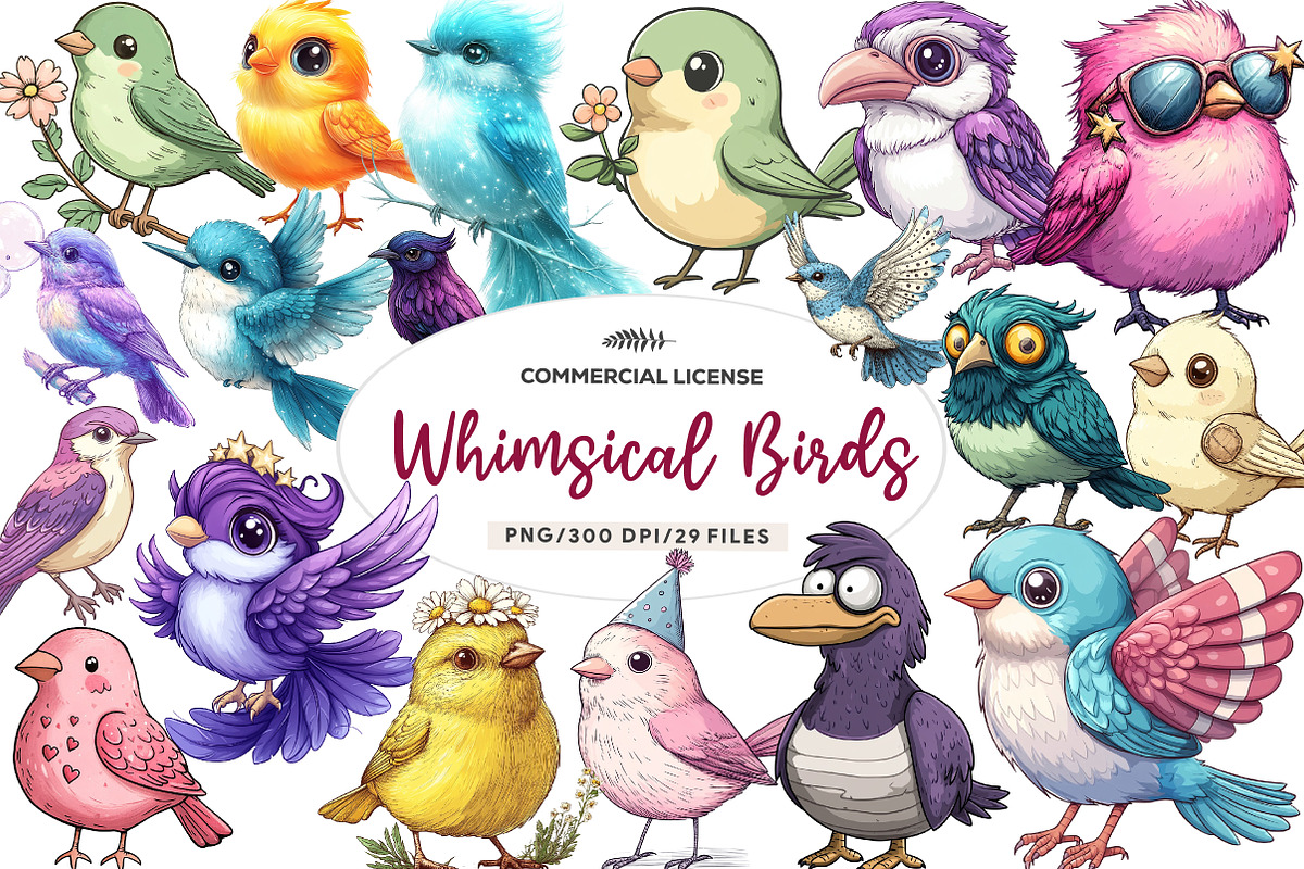 Watercolor Whimsical Birds Clipart, an Illustration by CreationArt (Photo 1 of 5)