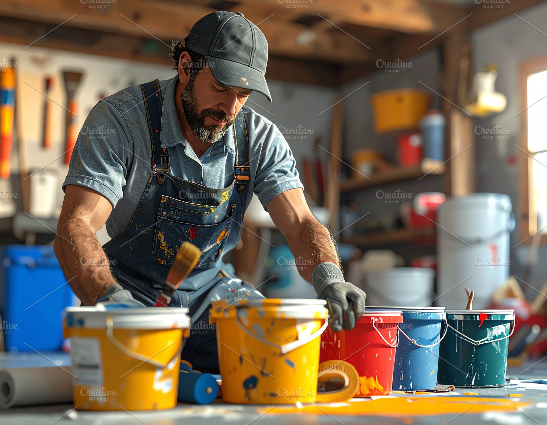 Residential man painter mixing paint in a workshop, a Person Photo by DanFLCreativo