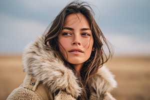 Outdoor portrait of a woman in warm clothing enjoying a breezy moment on a natu, a Person Photo by AlyaAnd