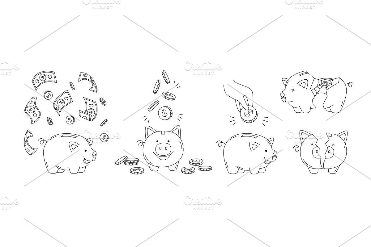 Doodle piggy bank. Money saving or, a Finance Illustration by winwin.art
