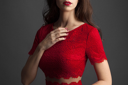 Pretty young sexy model female with dark hair in amazing red dress stock, a Person Photo by sport&beauty stock photo