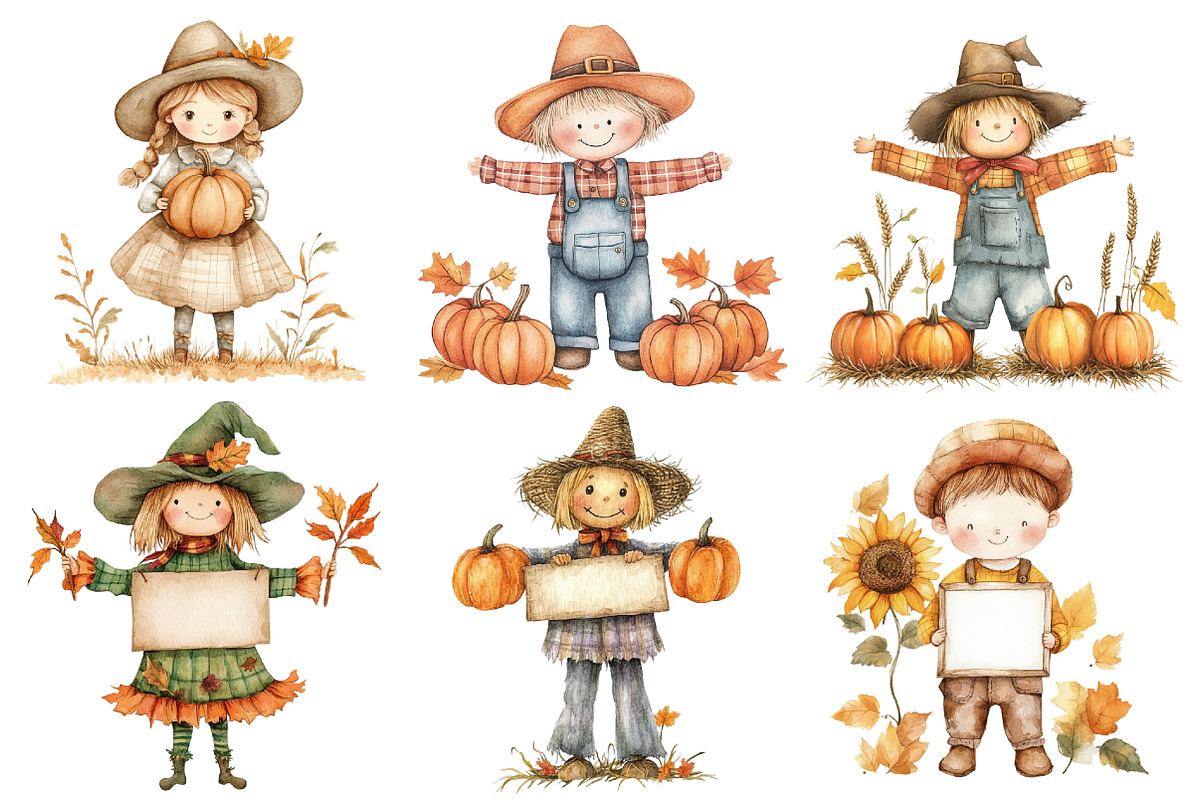Watercolor Scarecrow Clipart Set, an Illustration by CitraGraphics (Photo 5 of 5)