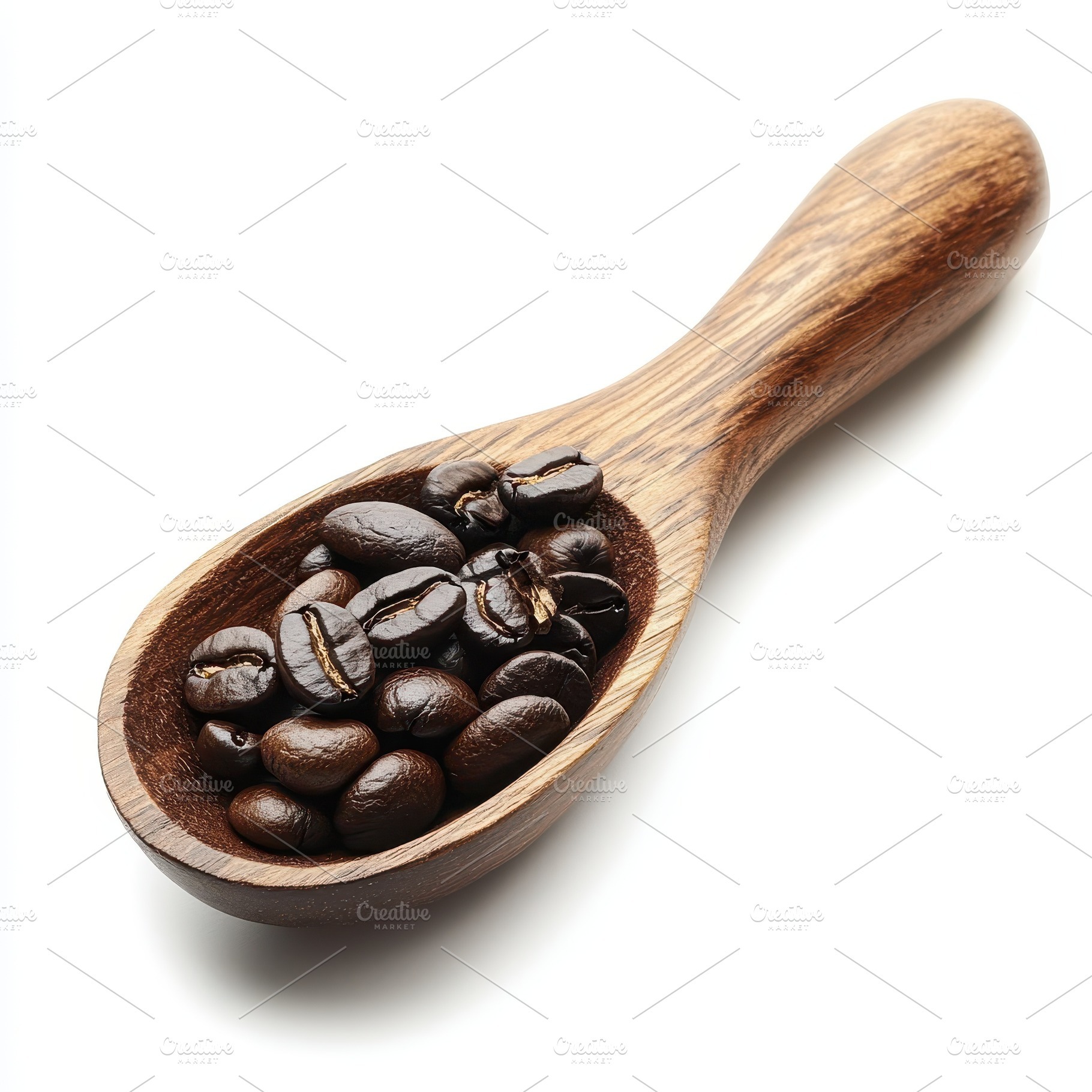 Roasted coffee beans in a wooden spo, a Food & Drink Photo by Pixeness Studio