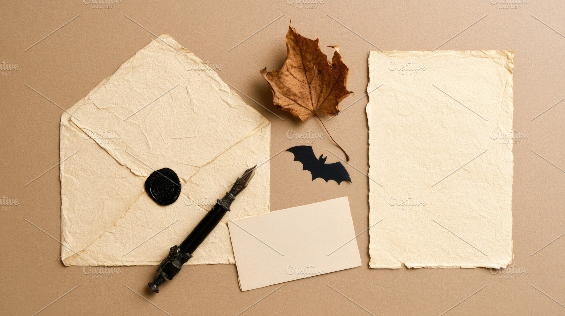 Vintage Halloween correspondence flat lay with envelope and foun, a Background Photo by José Manuel Gelpi