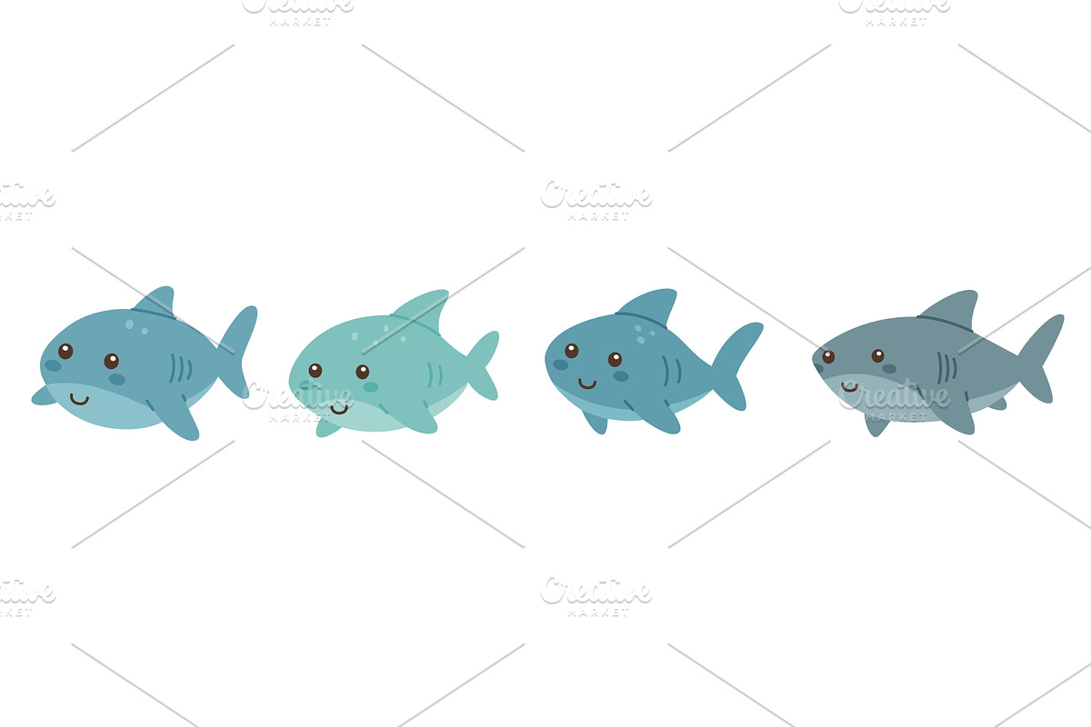 Set of sharks with smiling faces, an Animal Illustration by GraphiShop