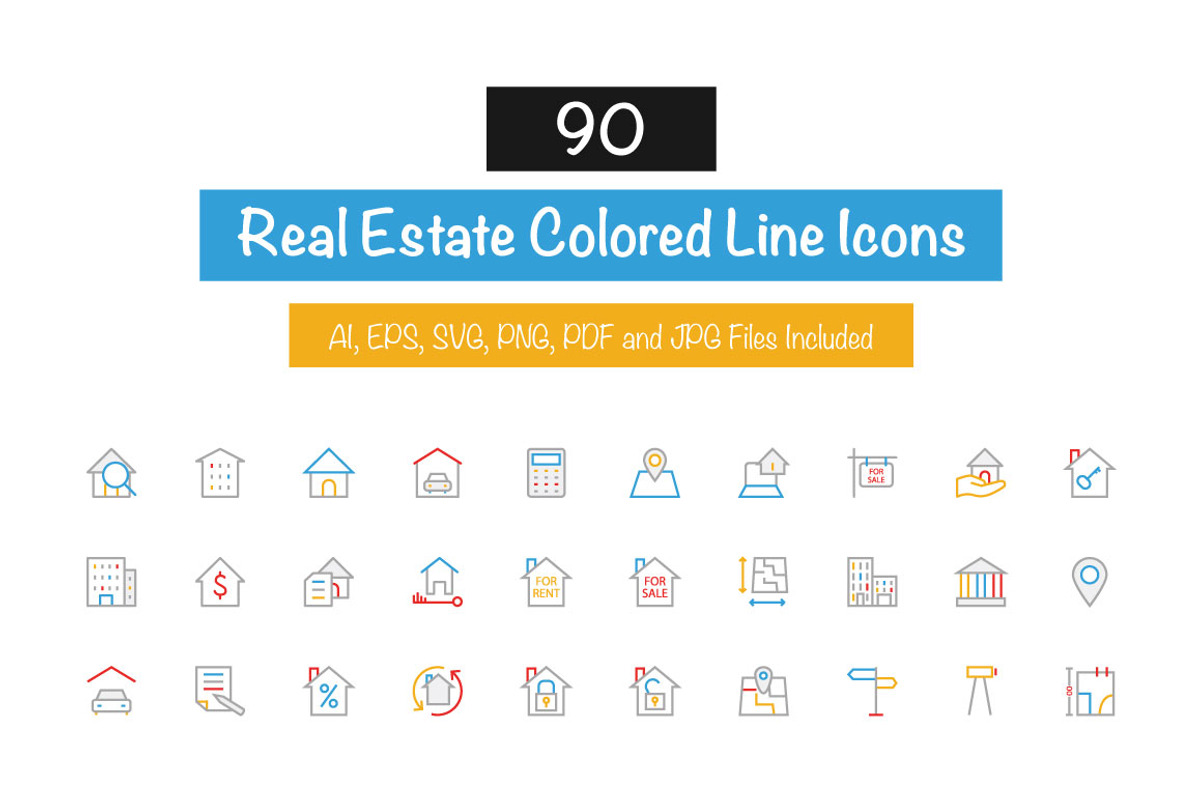 90 Real Estate Colored Line Icons