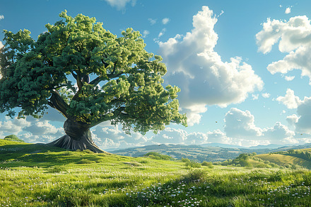 Lush green field under blue skies wi, a Photo by LOGOCREATIVE