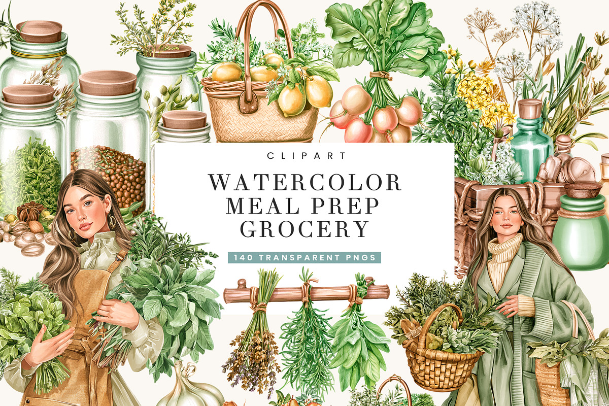 Watercolor Meal Prep Grocery, an Object Illustration by BusyDaydesign (Photo 1 of 9)