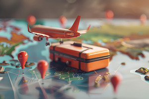 Suitcase and planes are flying in mi, a Transportation Photo by Pixeness Studio
