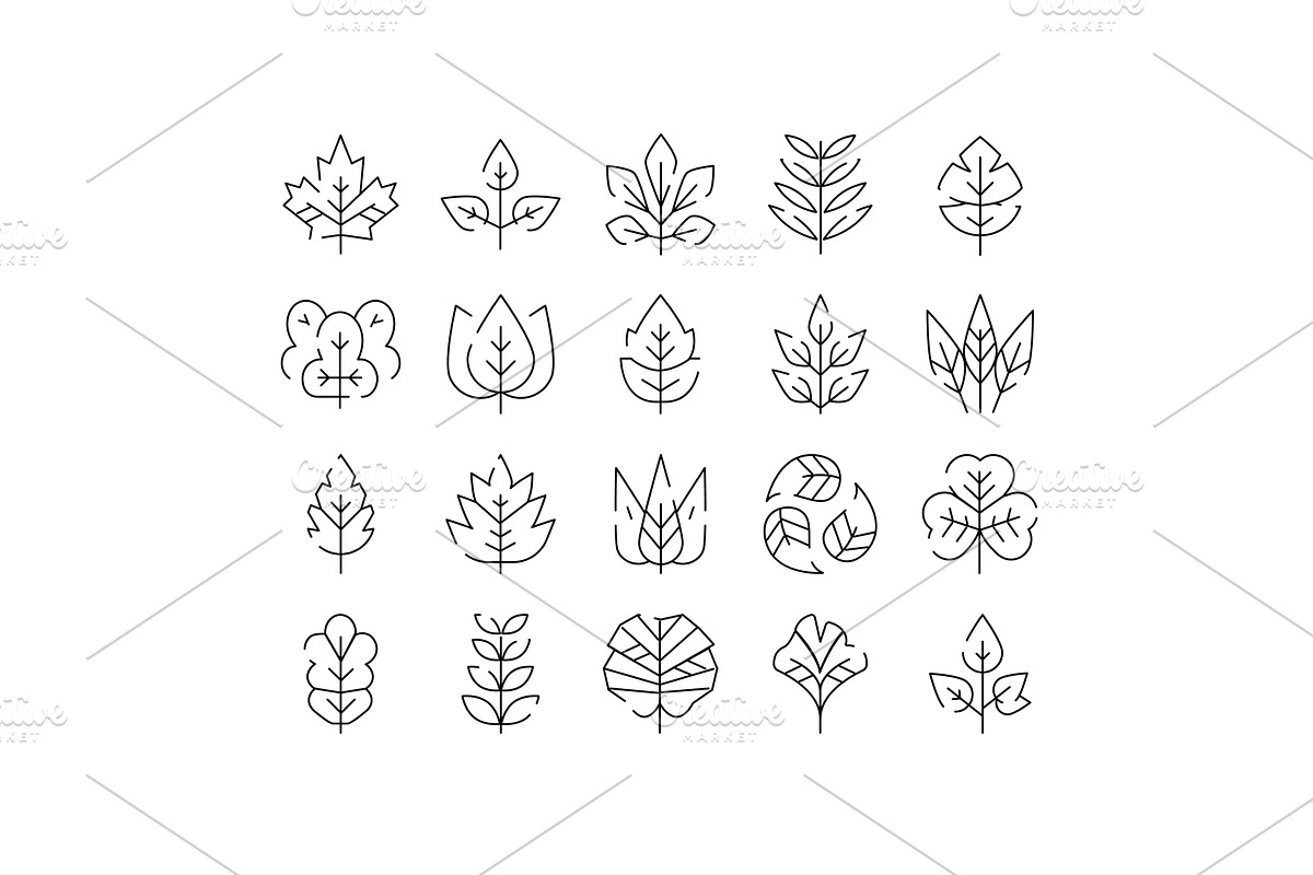 Diverse leaf line art icons set, an Object Illustration by pikepicture