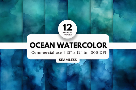 12 Ocean Watercolor Digital Papers, a Background Graphic by NorthWindPixels