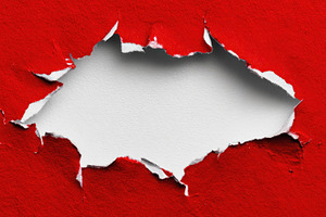 Torn white paper on bright red back, a Photo by Pavel_design