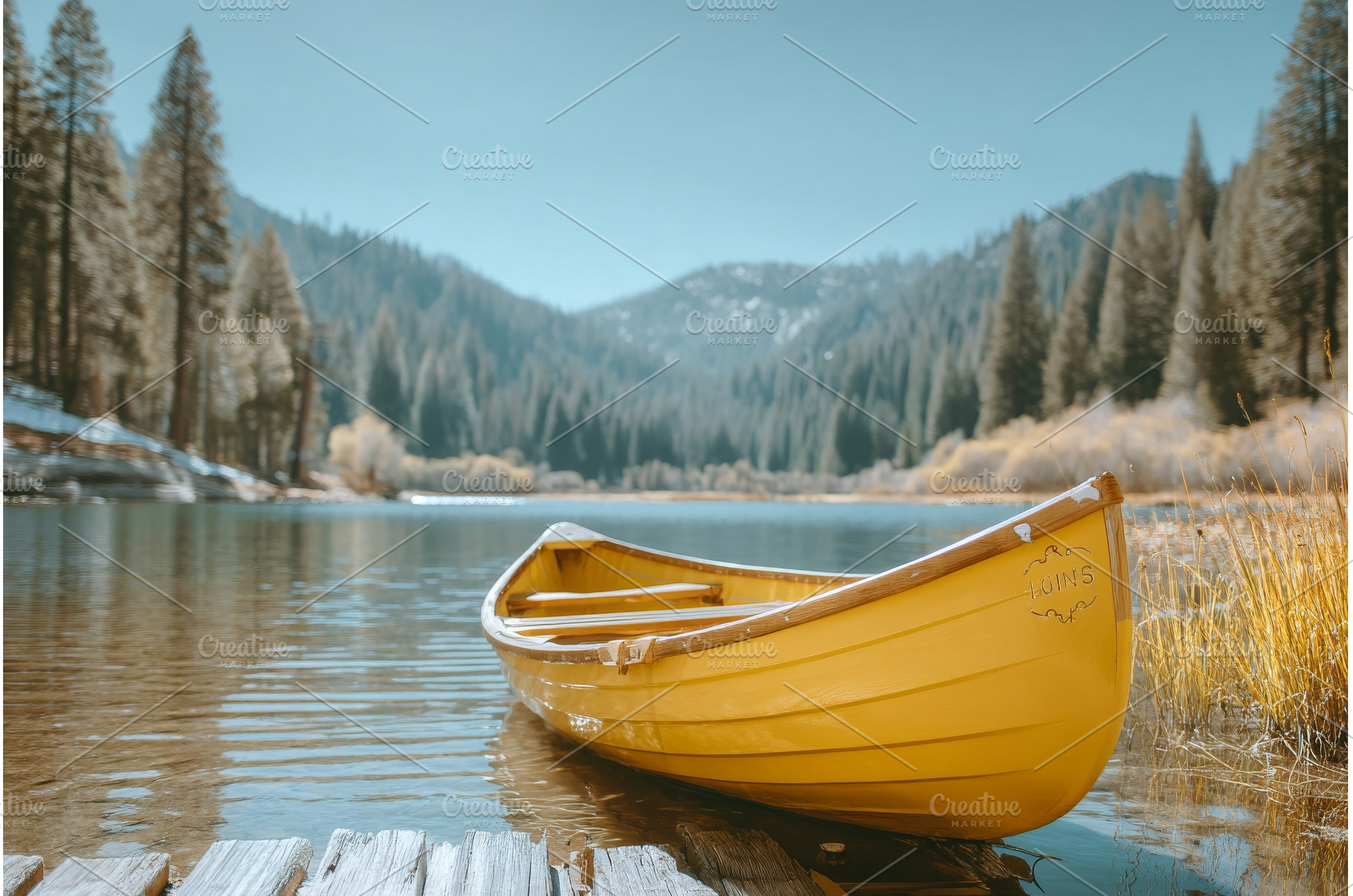 A yellow canoe rests on a wooden, a Nature Photo by ZinetroN