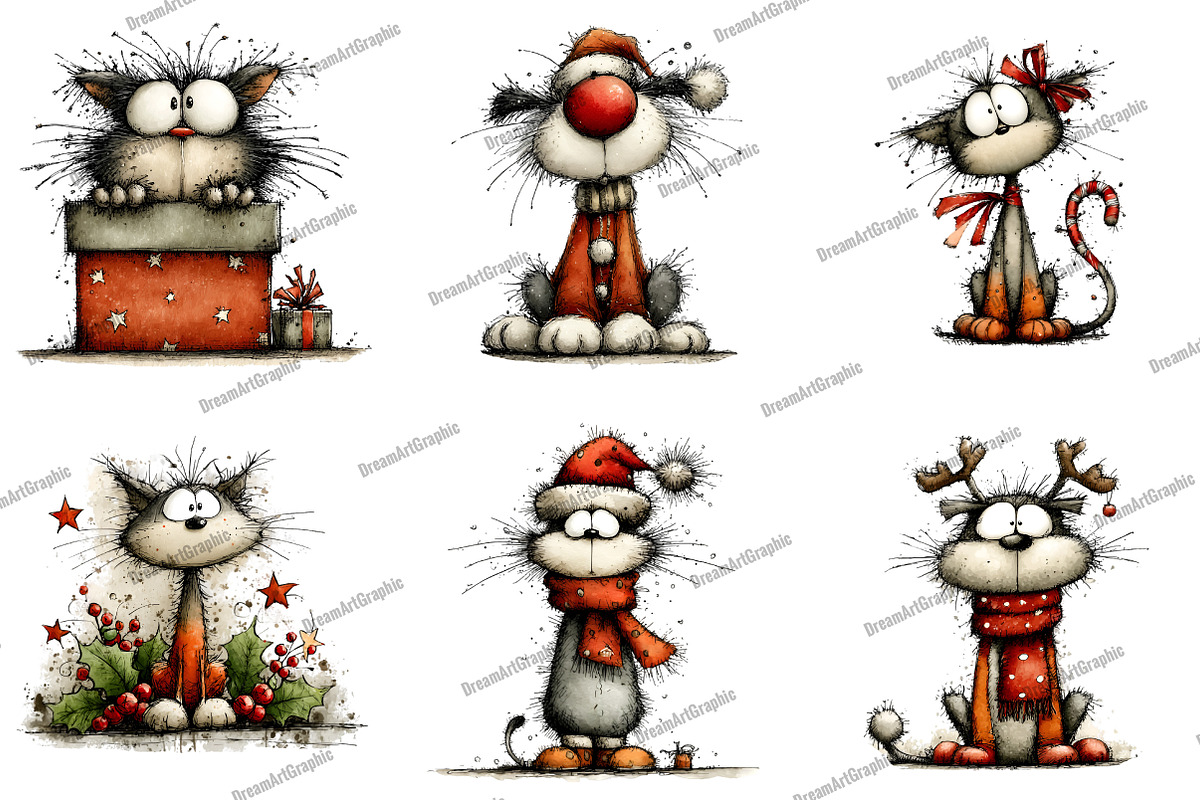 Whimsical Christmas Cats Clipart, an Illustration by DreamArtGraphic (Photo 3 of 5)