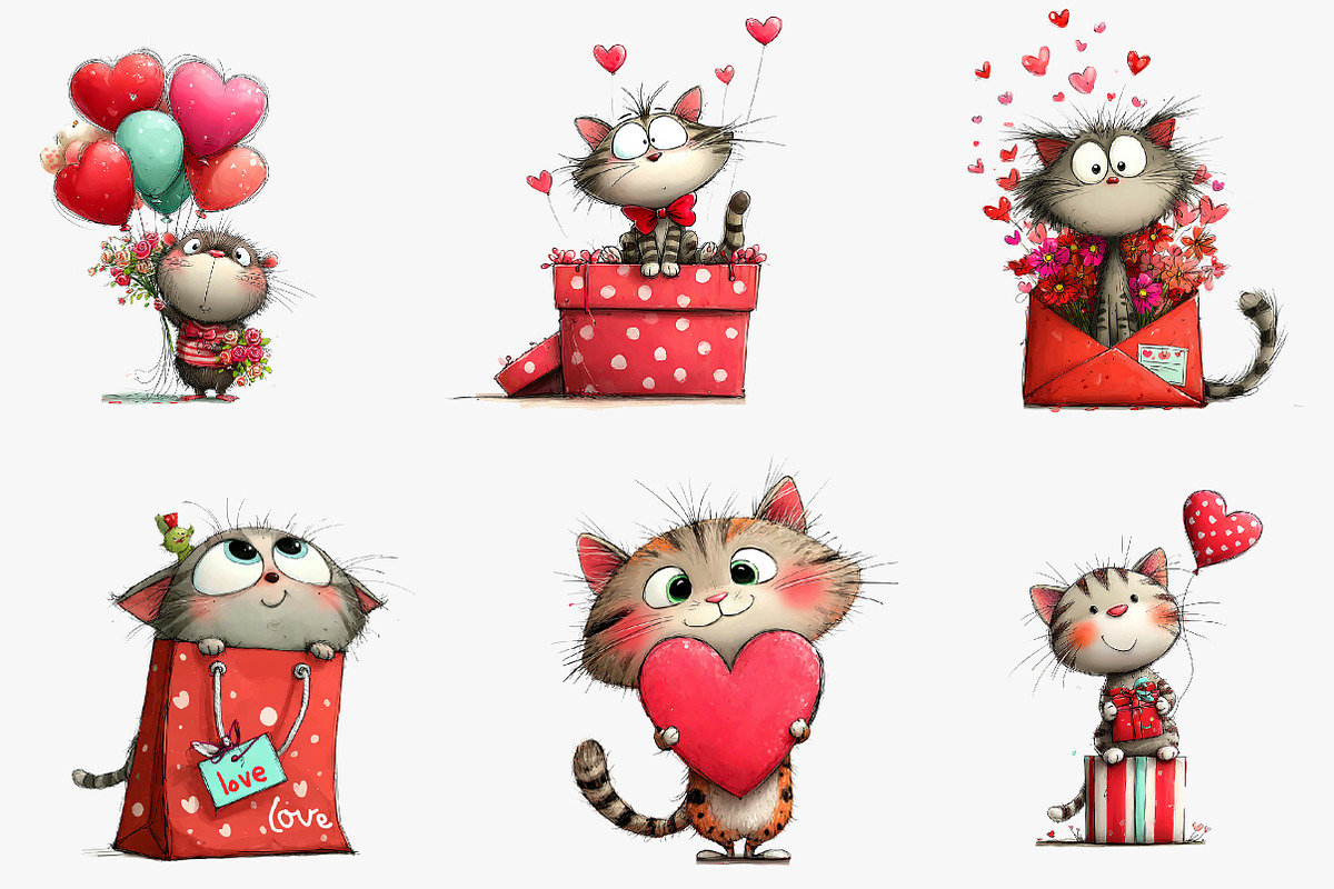 watercolor cute valentines kittens c, an Illustration by CreationArt (Photo 5 of 6)