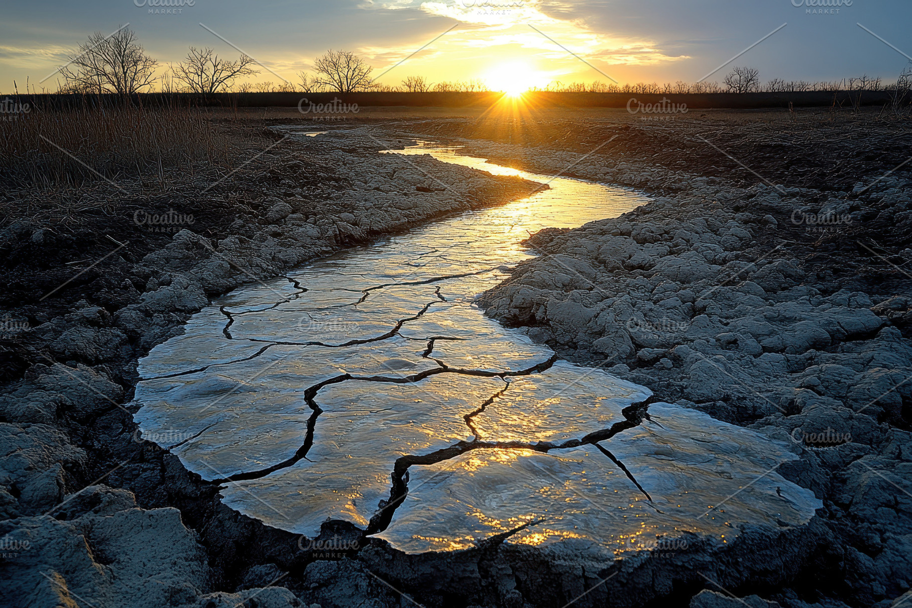 Dry riverbed reflects sunset light i, a Photo by Tanuart