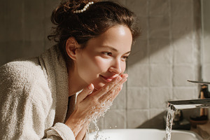 Woman washing face with water in bat, a Photo by Pixeness Studio
