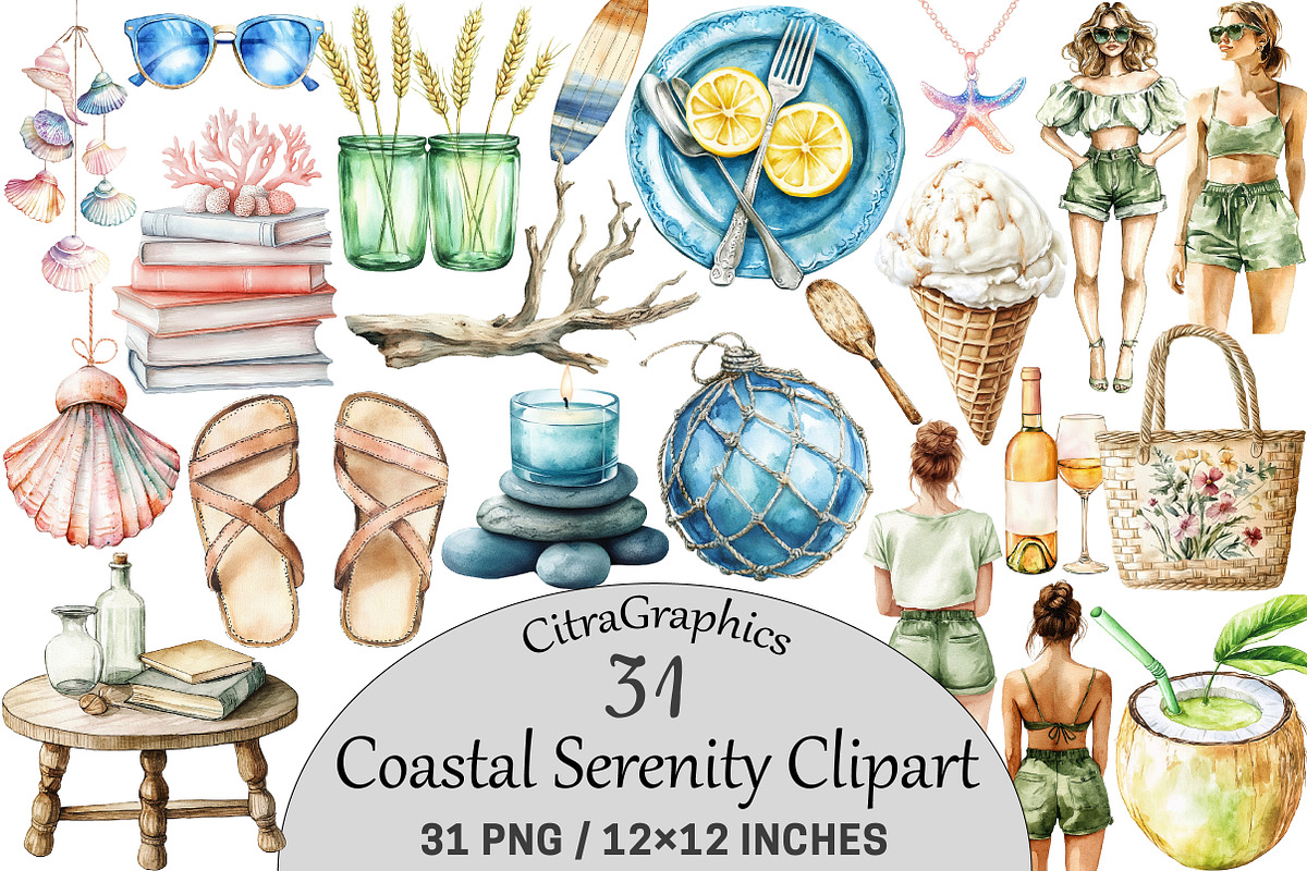 Watercolor Coastal Serenity Clipart, an Illustration by CitraGraphics (Photo 1 of 5)