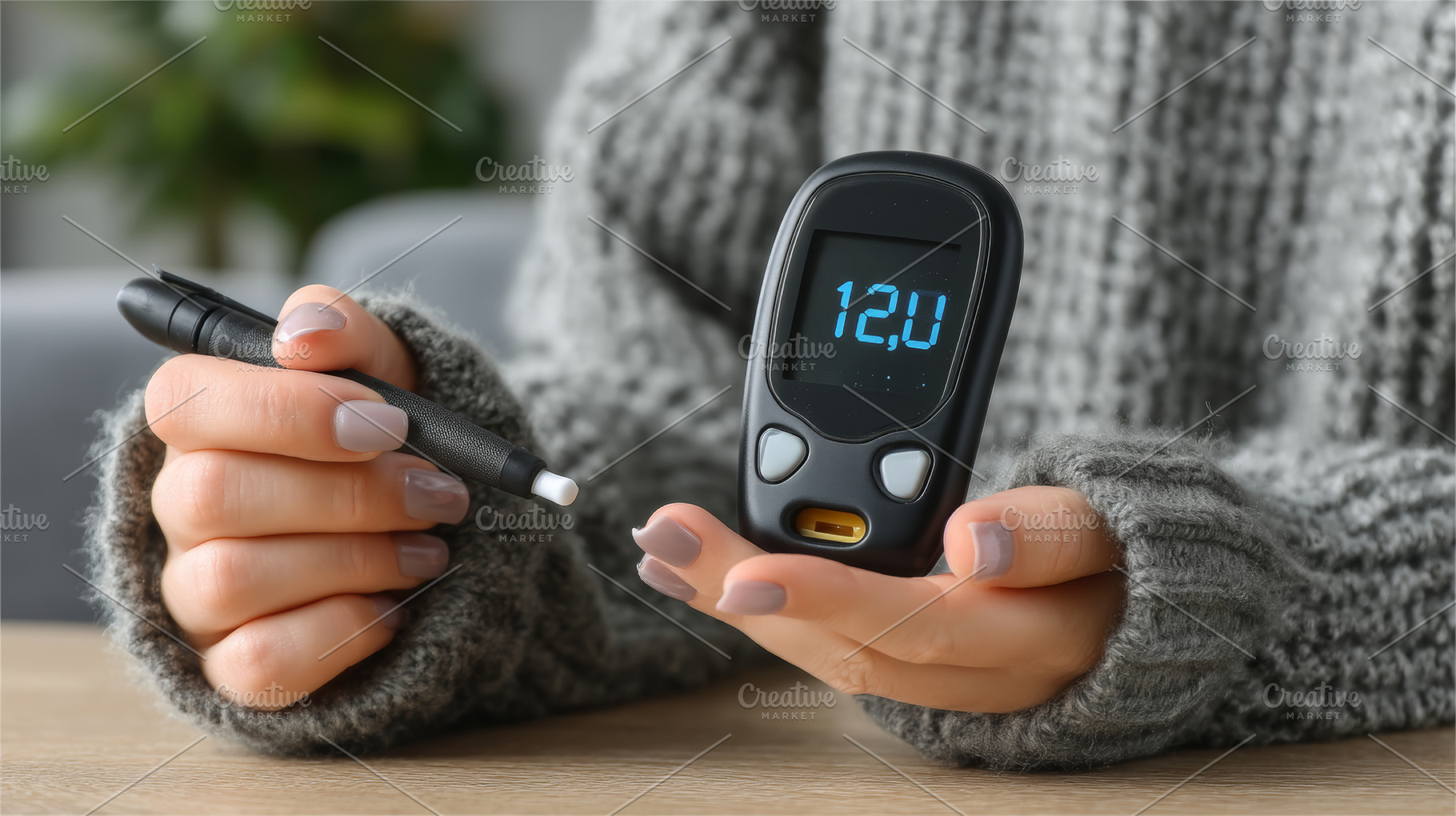 Person measuring glucose level with glucometer, managing health, a Health & Medical Photo by AS photostudio