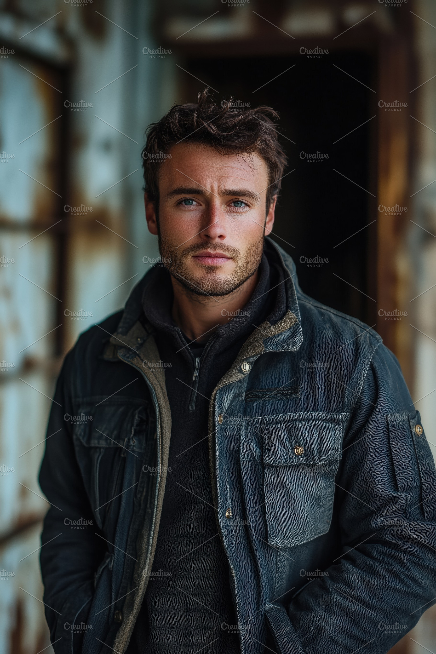 A young man with tousled hair and a serious expression, wearing a rugged jacket, a Person Photo by Textures & Backgrounds