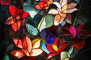 A vibrant stained glass window featuring an array of colorful flowers in variou, a Person Photo by Textures & Backgrounds