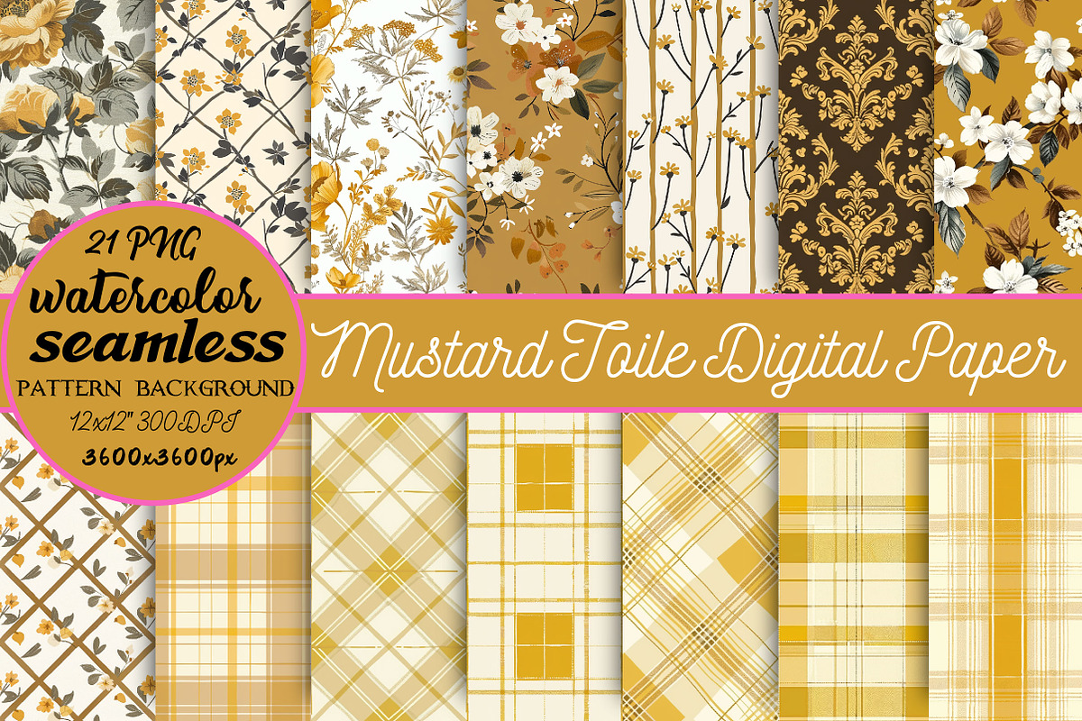 Mustard Toile Digital Paper, a Pattern Graphic by DreamCafeArt (Photo 1 of 7)