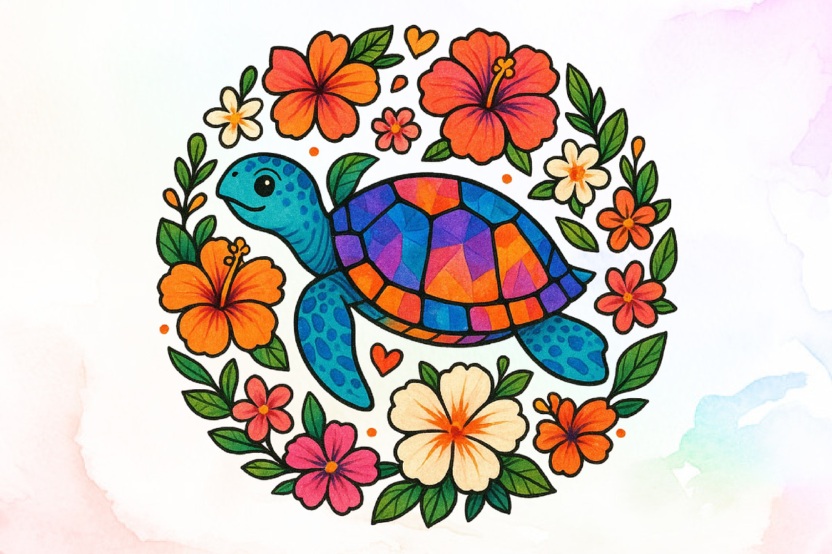 Summer Sea Turtle Floral Boho Flower, an Illustration by Sublimation Artist (Photo 1 of 9)