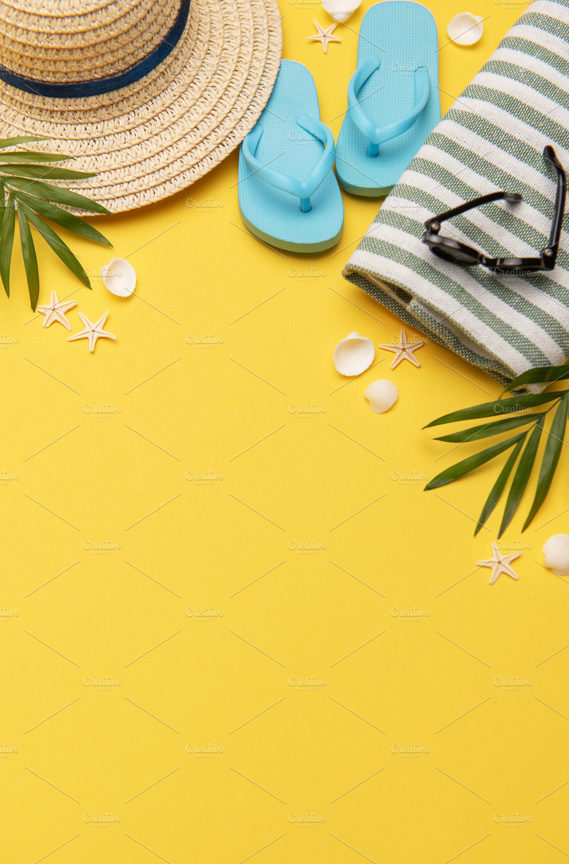Summer holiday beach background with beach accessories and tropi, a Holiday Photo by Olena Rudo