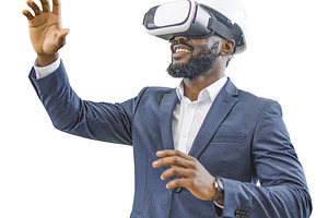 Black man with suit using AR glasses isolated photo, a Technology Photo by DanFLCreativo